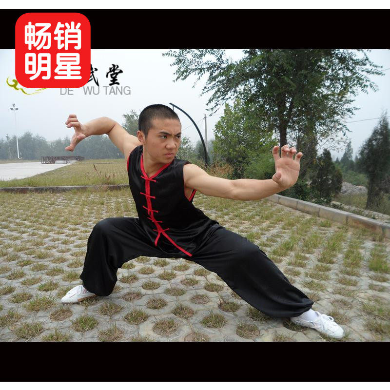 黑色红边南拳服武术服练v功服表演服训练服男春夏无袖黑黄