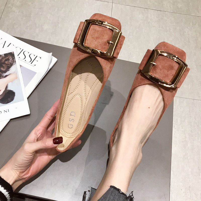 方头平底单鞋女2021春季新款金属方扣蝴蝶结绒面浅口Y少女大码瓢