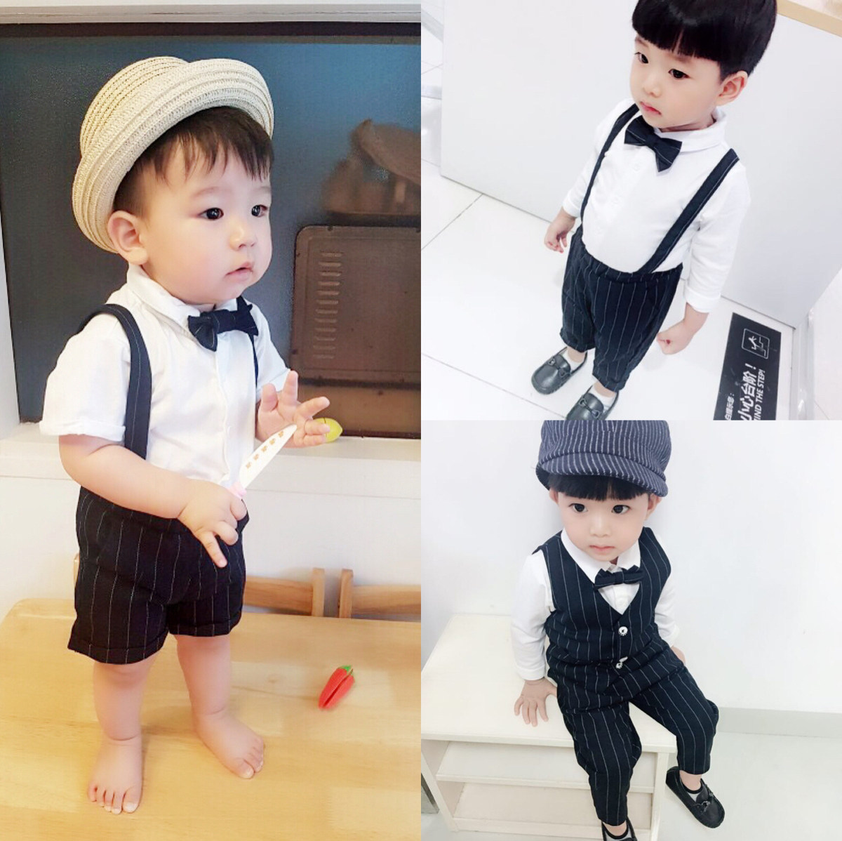 婴儿西装套装男宝宝夏季满月百天周岁衬衣背带绅士生日礼服三件套