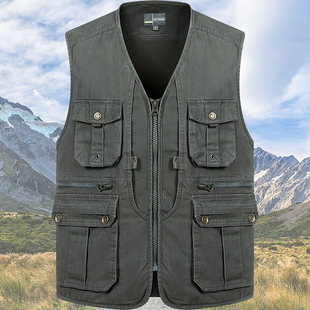 纯棉马甲男士 背 多i口袋户外坎肩中老年摄影钓鱼马夹爸爸上衣工装