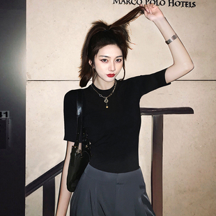 中袖 黑色紧身打底五分袖 t恤女修身 纯棉半袖 半高领上衣七分袖 夏季