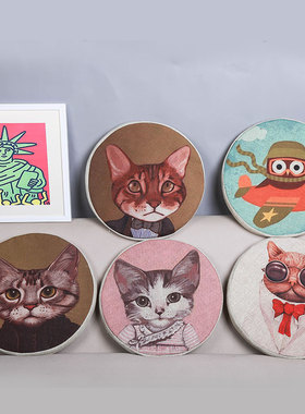 卡通动物亚麻圆形猫咪坐垫加厚可爱insK少女学生座垫海绵餐椅垫子