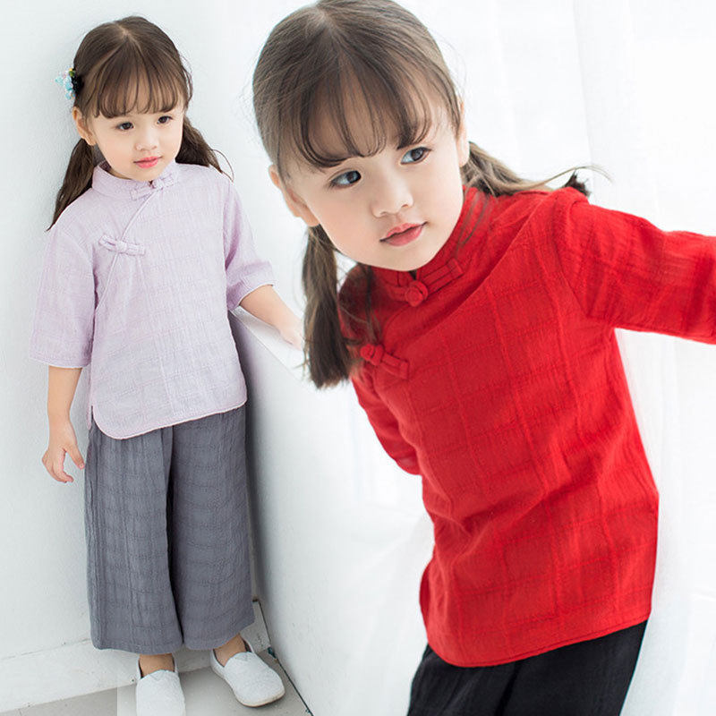 儿童汉服女棉麻民国风套装夏秋中国风童装民族风宝宝旗袍唐装女童