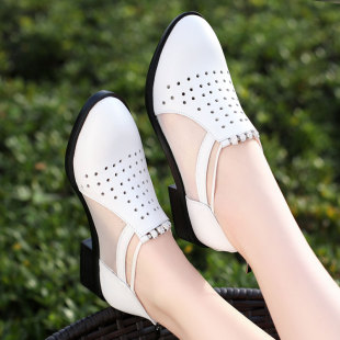 网纱鞋 真皮镂空单鞋 子粗跟中跟百搭皮鞋 夏季 2021新款 女士凉鞋 女鞋