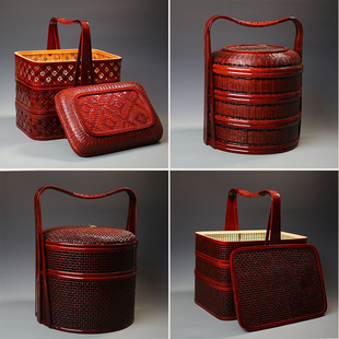 竹编仿古大提篮篮送饭篮水果篮竹制大食盒红色婚庆大礼品篮