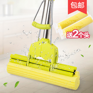 滚轮式胶棉拖把伸缩海绵头拖布吸水拖把头 家用免手洗不锈钢地拖