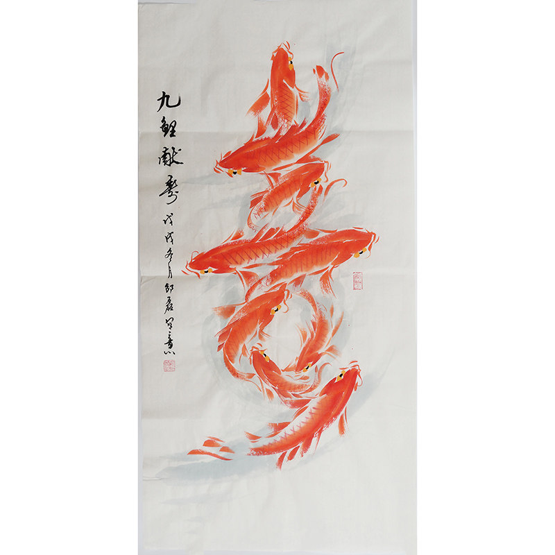 纯手绘邵磊九鱼图中式卷轴挂画J 三尺花鸟写意国画