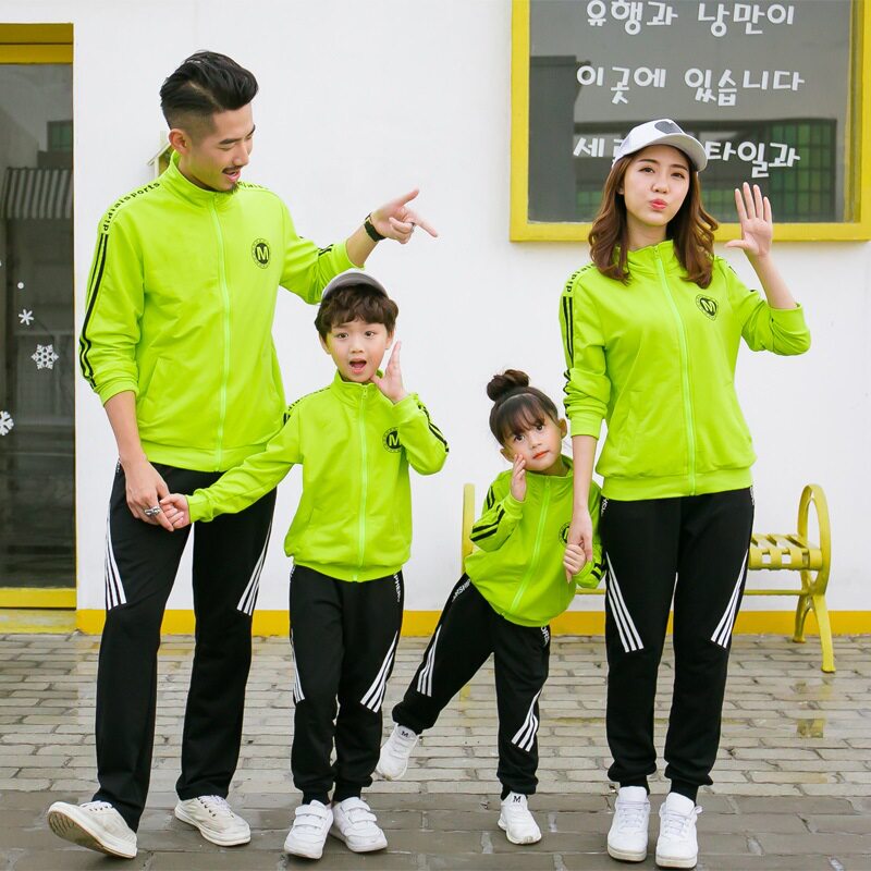 男女童春秋季荧光绿色校服套装幼儿园服老师小学生运动班服亲子装