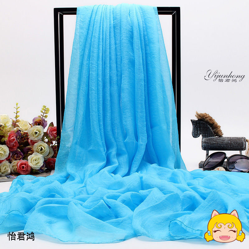 天蓝色丝巾女夏季沙滩巾加长款纯色雪纺围巾春秋超大披肩纱巾