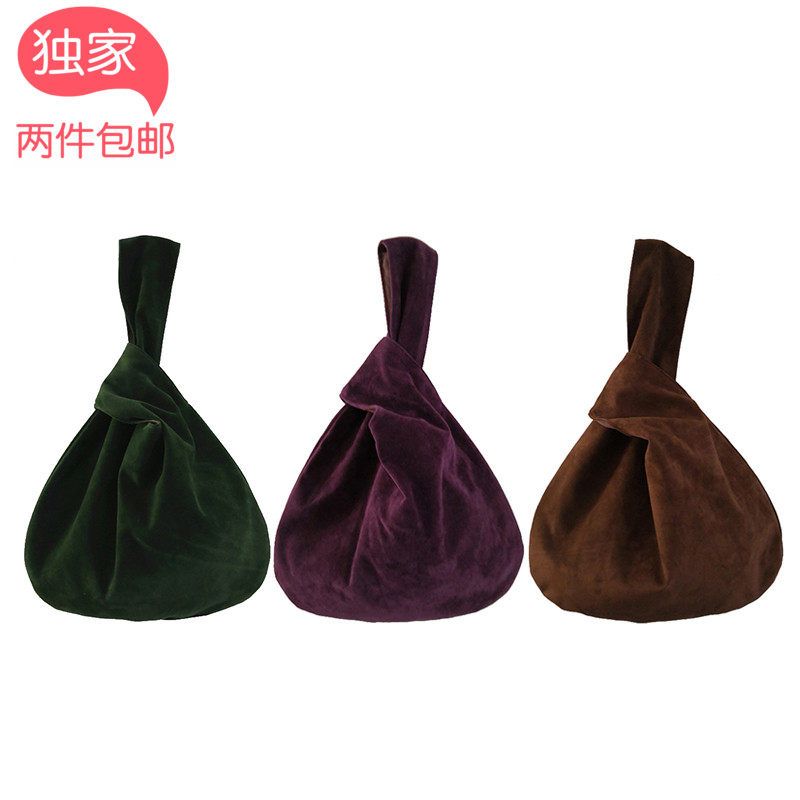 悠遊记 自制 墨绿深棕紫色绒布日式文艺复古套结手腕包散步手拎包