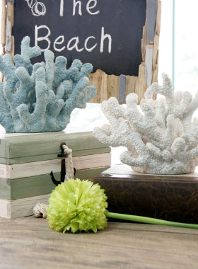 现代摆设树脂仿真珊瑚客厅软装配饰桌面书柜海洋带底座