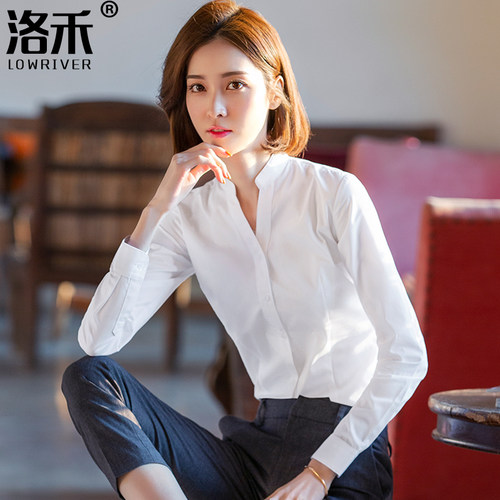 小众设计感V领白衬衫女长袖2021春秋新品工装工作服显Z瘦职业衬衣