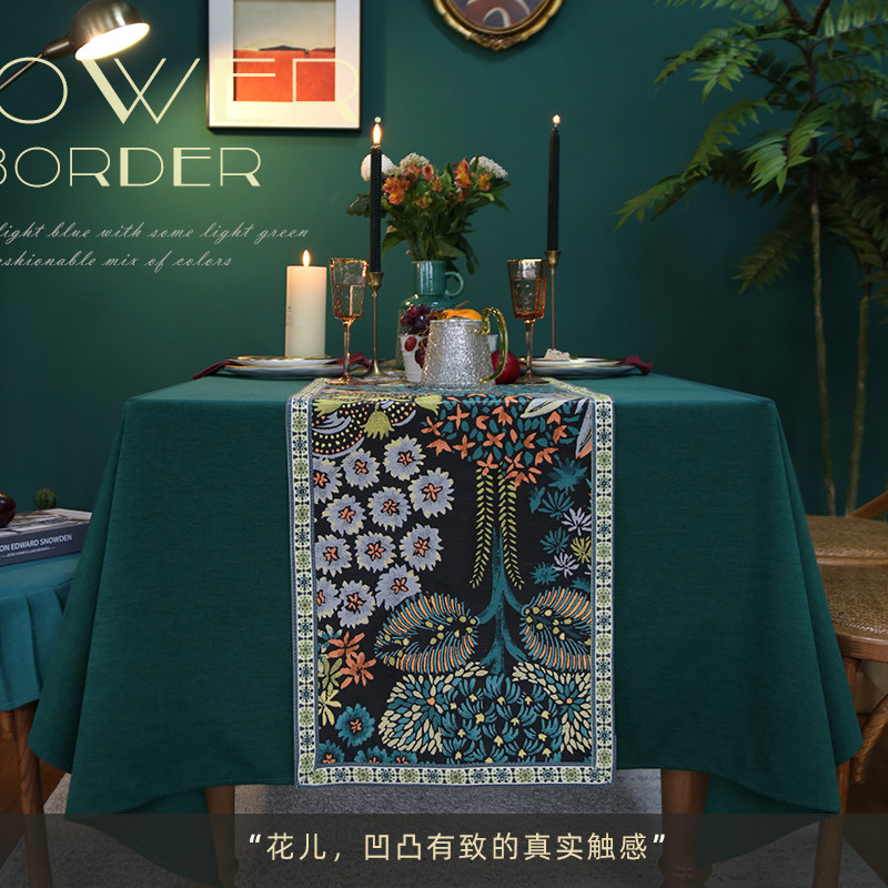 美式墨绿纯色桌布l花鸟桌旗套装家用长方形田园茶几布餐桌台布定