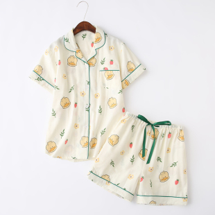 睡衣套装 夏季 短裤 全棉双层纱布日系卡通女士短袖 纯棉家居服 薄款