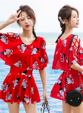 泳衣女保守温e泉裙式连体遮肚显瘦游泳衣2021新款仙女范泳装ins风