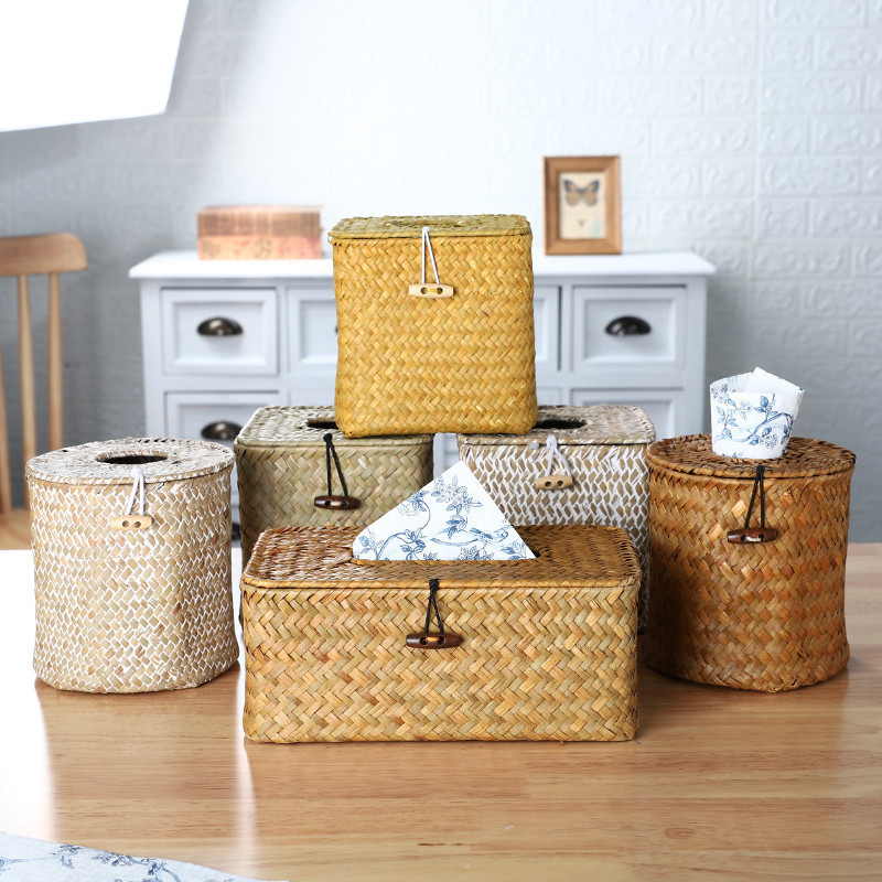 草编纸巾盒家用客厅抽纸盒筒车用方形圆纸抽盒洗T手间田园车载创