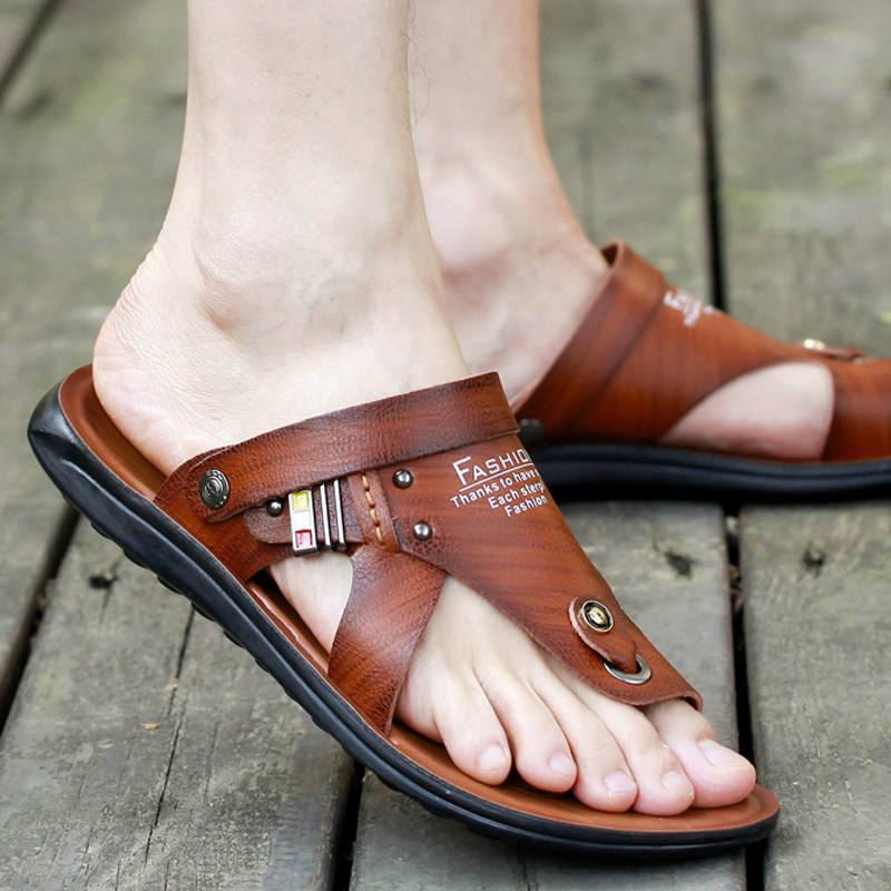 夏季男士凉鞋防水夹脚沙滩鞋人字拖男潮凉拖鞋防滑开车Z两用皮凉