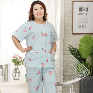 200斤薄款 加肥加大码 胖mm开衫 时尚 睡衣女夏季 家居服套装 纯棉短袖