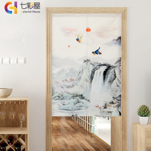 山水布艺门帘家用卧室隔断帘厨房挡风布帘子卫生间遮挡半帘免打孔