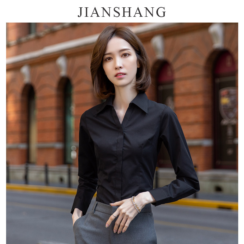 V领黑色衬衫女长袖设计感小众气质职G业工装高品质正装工作服衬衣