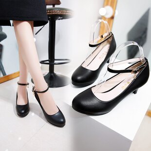 小皮鞋女黑色中跟防水台圆头3-5z-6-8cm浅口工作职业高跟鞋单搭扣