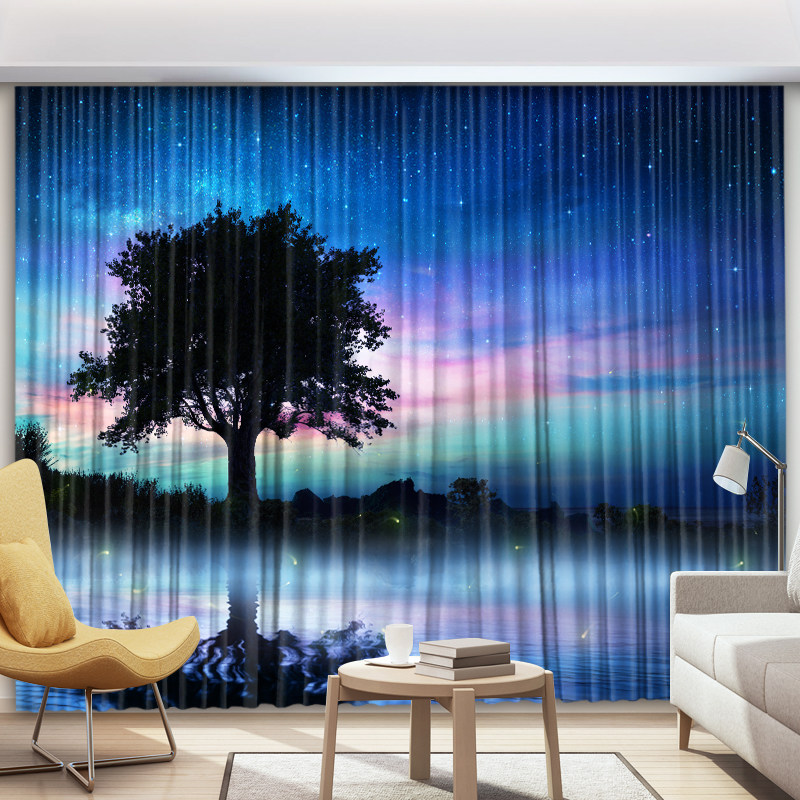 简约梦幻星空森林全遮光布背景布客厅H卧室飘窗落地窗风景窗帘新