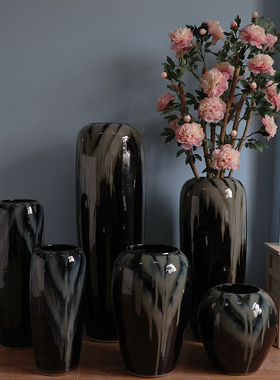 现代简约黑色酒店大堂落地陶瓷花瓶摆件J干支陶罐插花器别墅样板