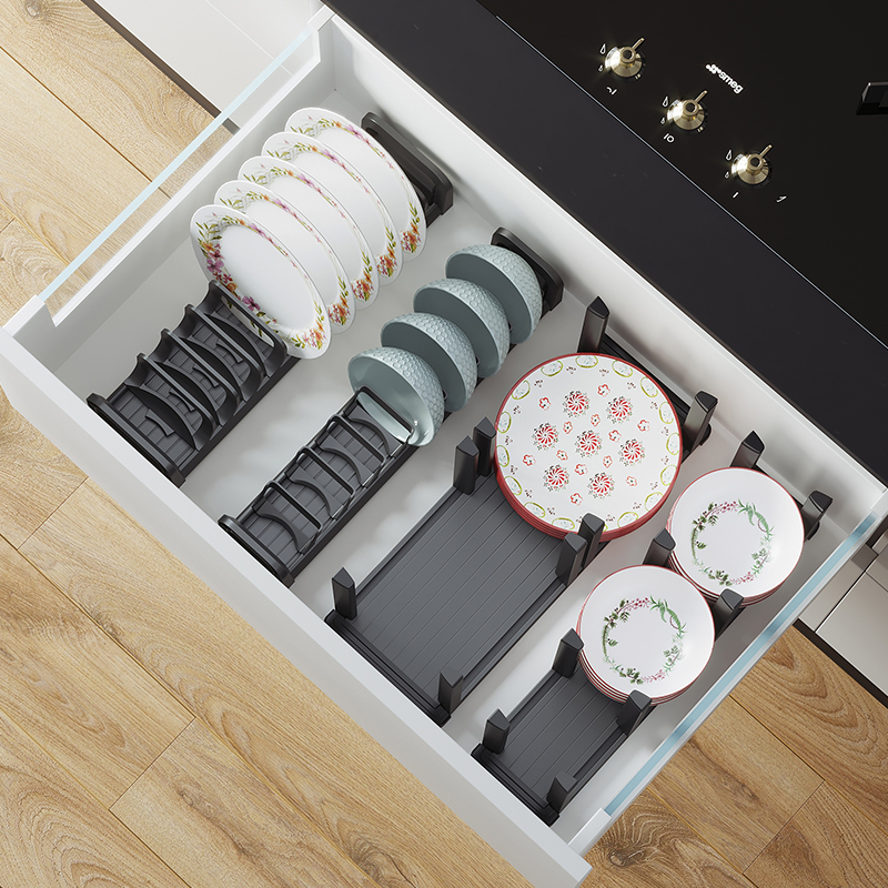格麦碗碟收纳架厨房抽屉式分隔橱柜内G置碗架盘子碗盘柜内餐具置