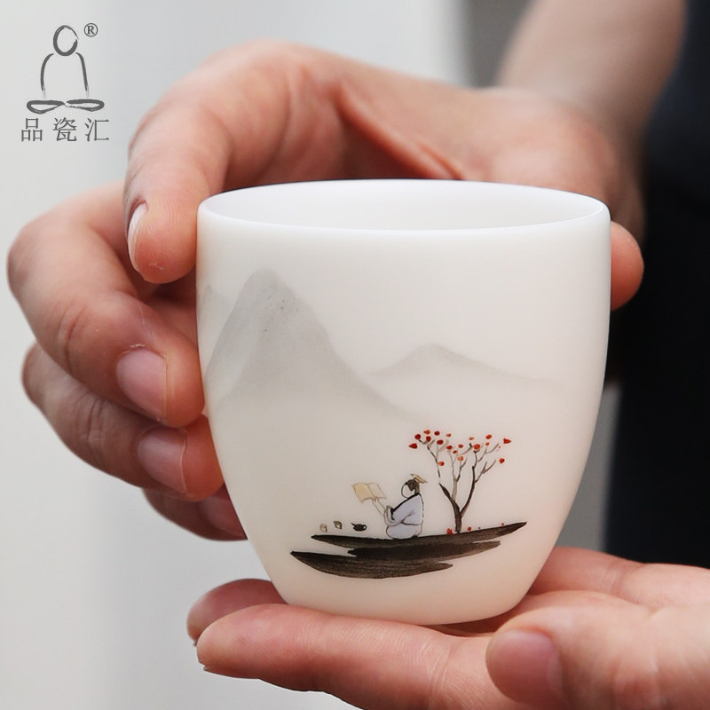 白瓷茶杯单杯主人杯盏o杯纯手工陶瓷单个刻字定制logo手绘功夫茶