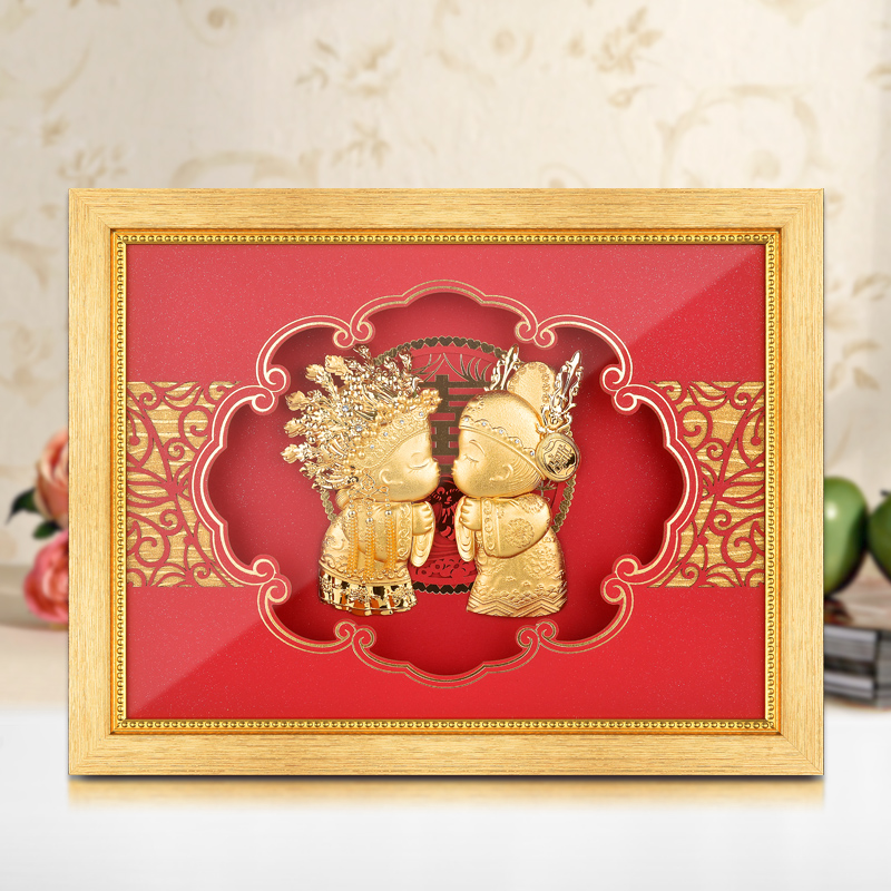 金箔画结婚娃娃婚庆金石良缘创意实用摆件新婚礼物送新人闺蜜朋友