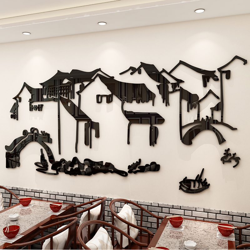 徽派建筑饭店墙面装饰品壁纸贴画中国风创意火锅餐饮馆厅包间背景图片