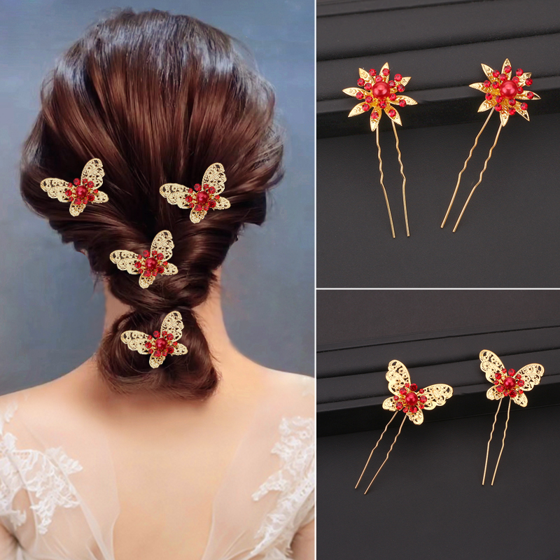 时尚金色花朵发插针u型夹子新娘蝴蝶发簪子斜插R针盘发插针发夹子