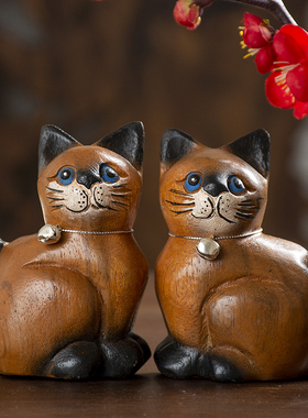 泰国木雕工艺品可爱小猫咪摆件创意木质客厅装饰品情侣结婚礼物
