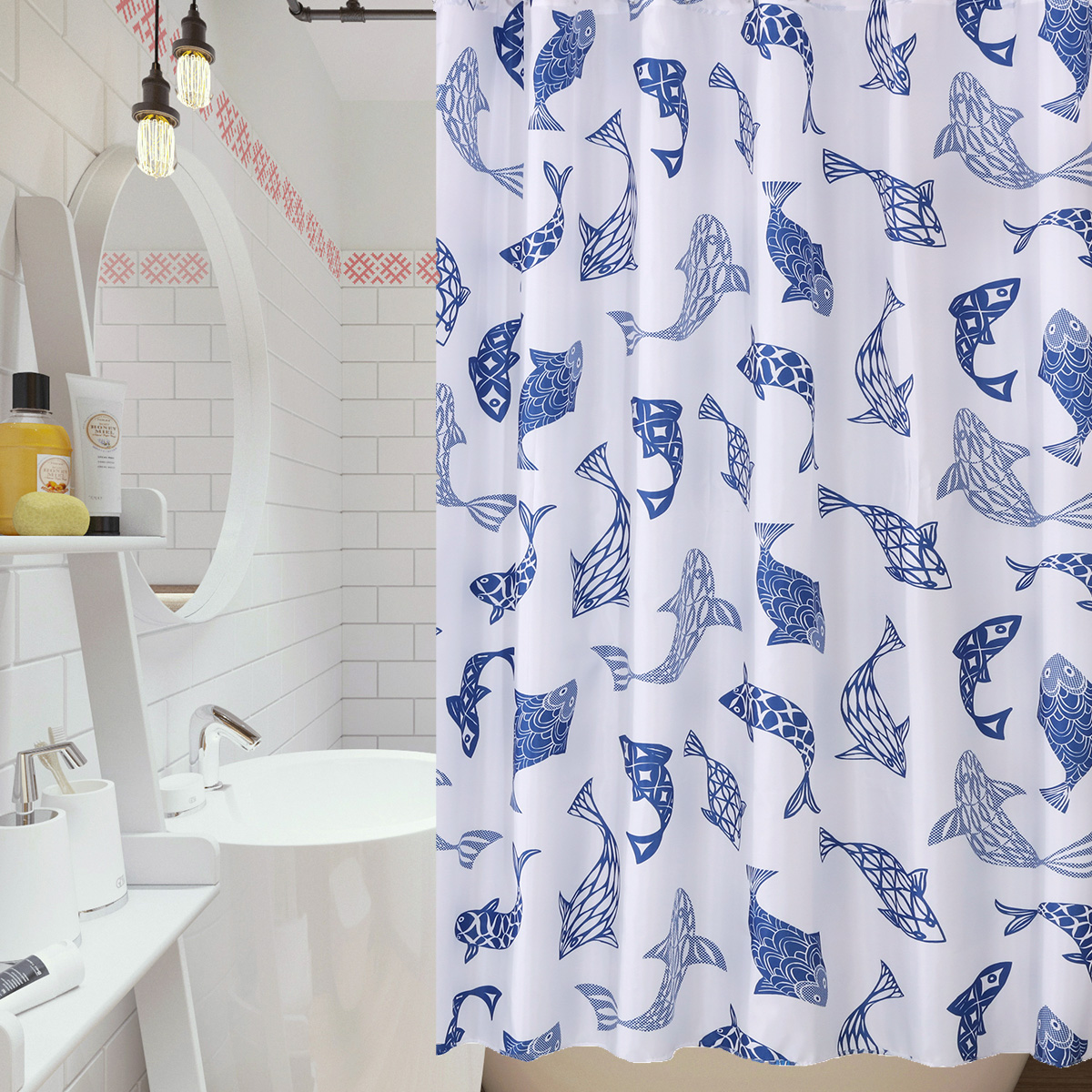 中国风丰收鱼浴帘涤纶布防水防霉浴布隔断送挂钩