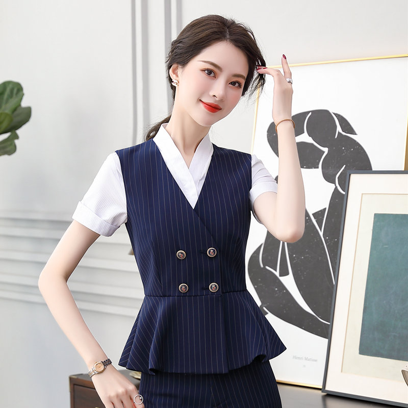 条纹双排扣马甲套装女外套美容美发制服工装短款马夹背心职业西装