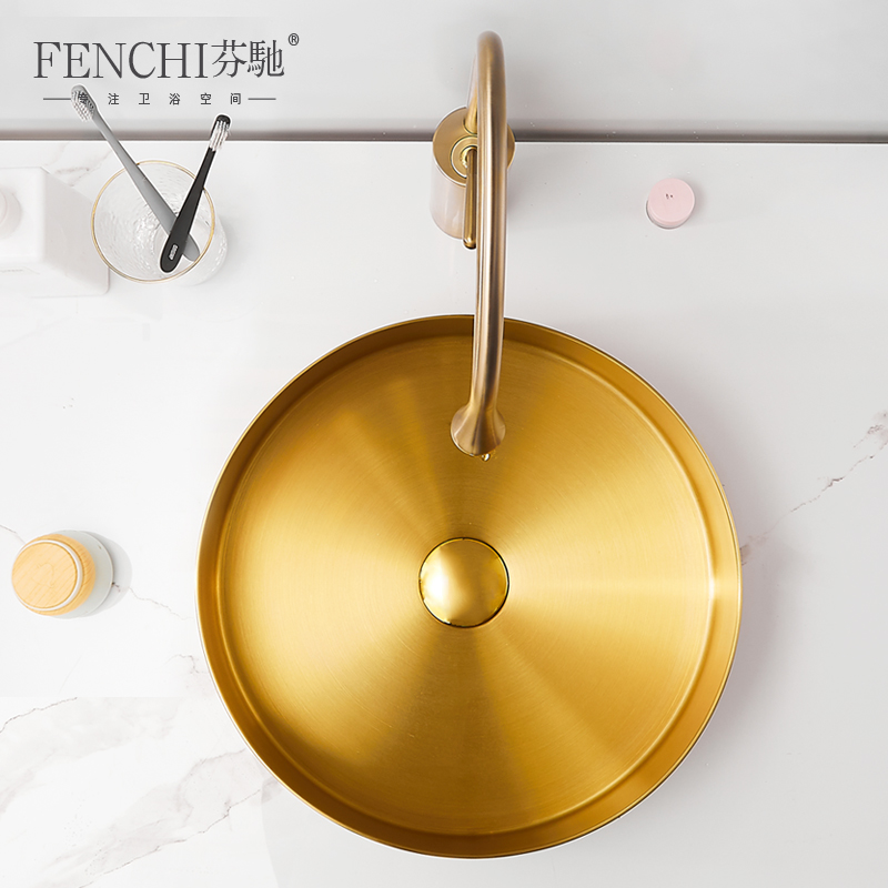 芬驰金色台上盆薄边艺术盆不锈钢面盆家用酒吧KT洗手盆洗脸盆
