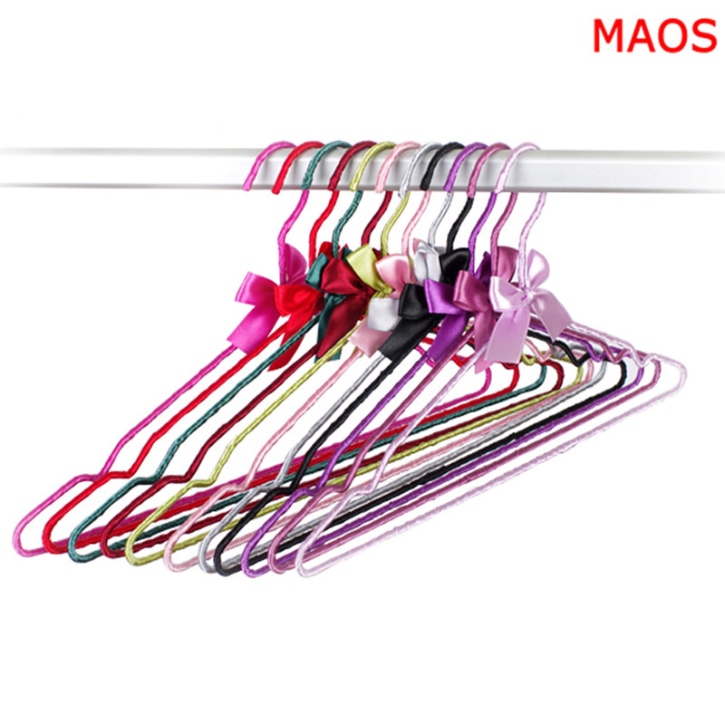 Maos时尚蝴蝶结包布晾衣架家用不锈钢布艺衣挂防滑坎肩衣撑5支装