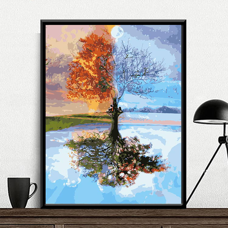 diy数字油画 客厅风景花卉手工数码自己填色手绘装饰画春夏秋冬树图片
