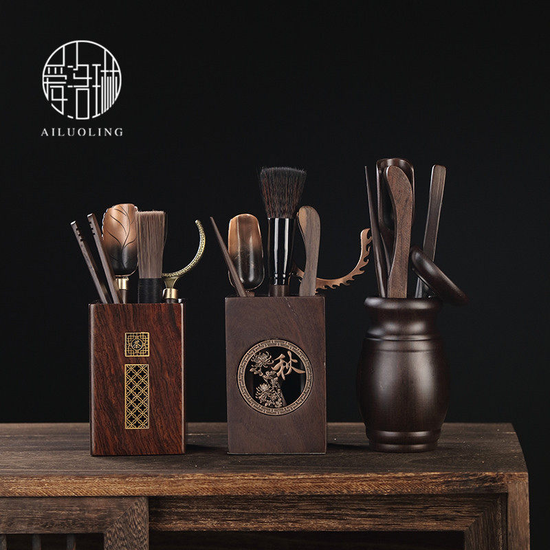 爱洛琳 黑檀木茶道六君子茶筒茶夹茶勺茶刷套装 茶艺配件茶盘摆件