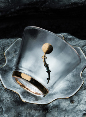 容山堂释水手绘玻璃茶杯品茗杯人杯小杯垫茶托功夫茶具装