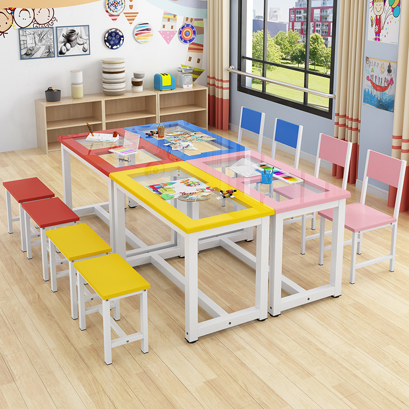 少儿美术桌托管班幼儿园补习班课桌椅绘画桌培训机构画室玻璃桌子