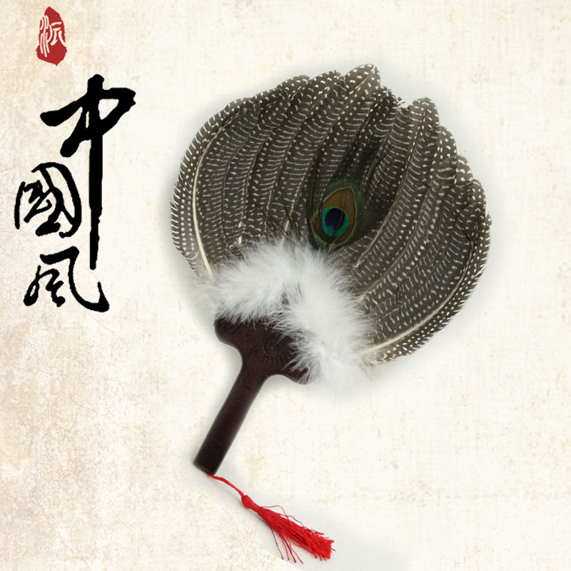 珍珠鸡羽毛扇子圆头纯手工工艺扇孔明扇宝宝扇夏季驱蚊小巧扇子