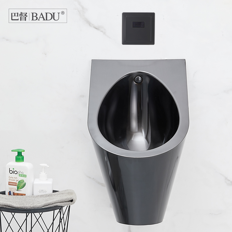 巴督 黑色小便斗自动感应器挂墙式男0不锈钢智能小便池壁挂家用