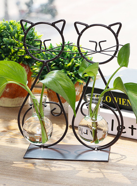 北欧创意小猫铁艺水培容器绿萝植物玻璃小花瓶家居装饰品桌面摆件