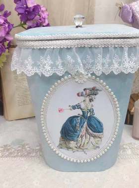 新款欧式天蓝色意大利绒垃圾篓珍珠印重工布艺废纸杂物整理框推