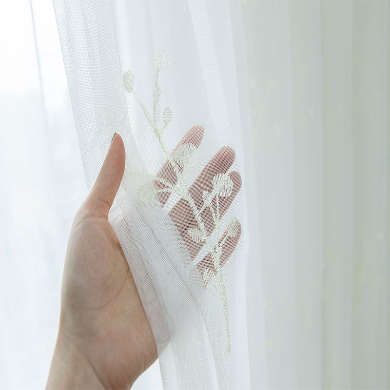 定制高档白色绣花纱帘田园风格卧室阳台客厅百搭半透明窗纱成品