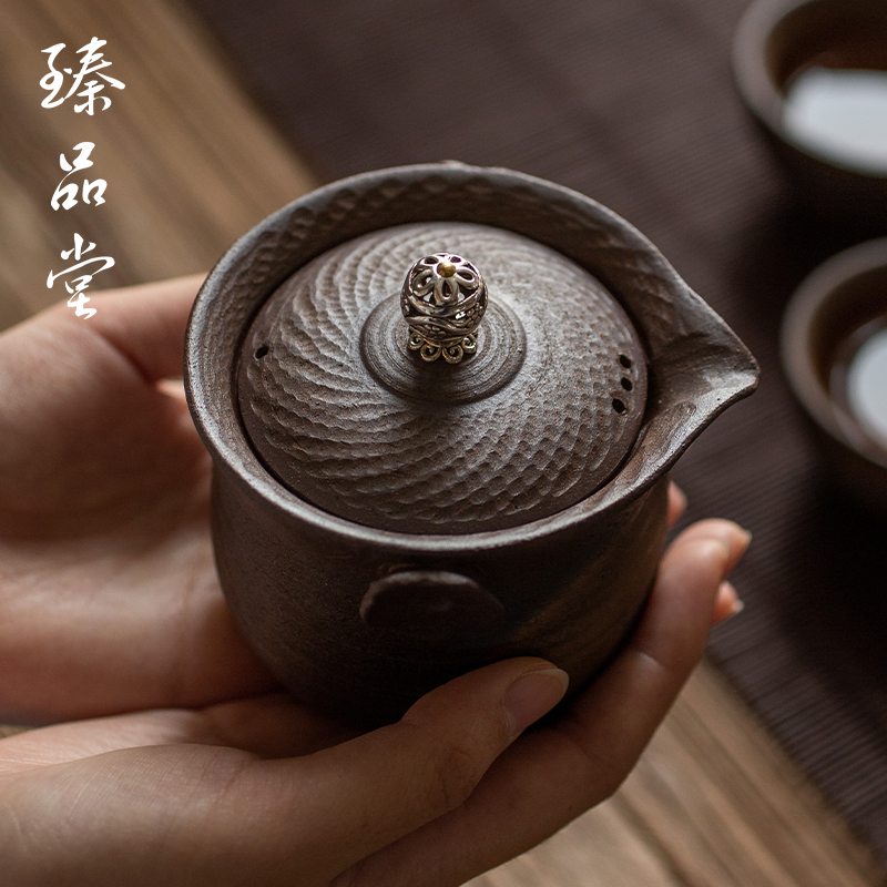 臻品堂 日式快客杯手抓壶盖碗 手工粗陶一壶两杯茶盘功夫茶具套装