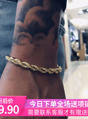 hiphop嘻哈麻花手链 钛钢麻绳假金链子 网红装逼男女手链 不掉色