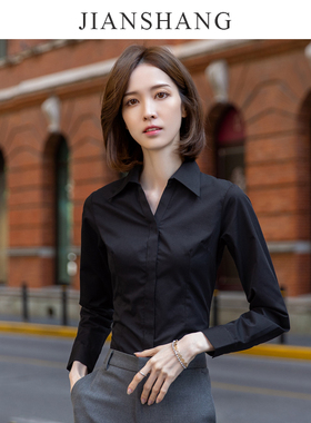 V领黑色衬衫女长袖设计感小众气质职H业工装高品质正装工作服衬衣
