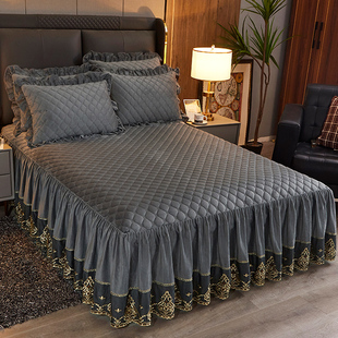 秋冬纯色韩版 床罩夹棉加厚珊瑚绒保暖1.8m床套 水晶绒床裙单件裙式